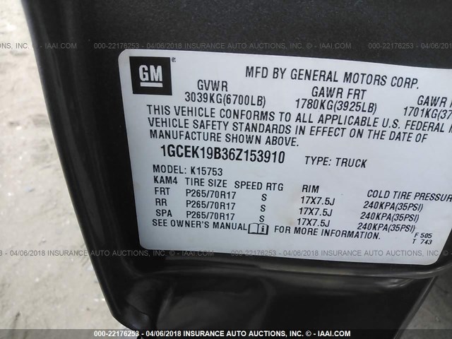 1GCEK19B36Z153910 - 2006 CHEVROLET SILVERADO K1500 GRAY photo 9