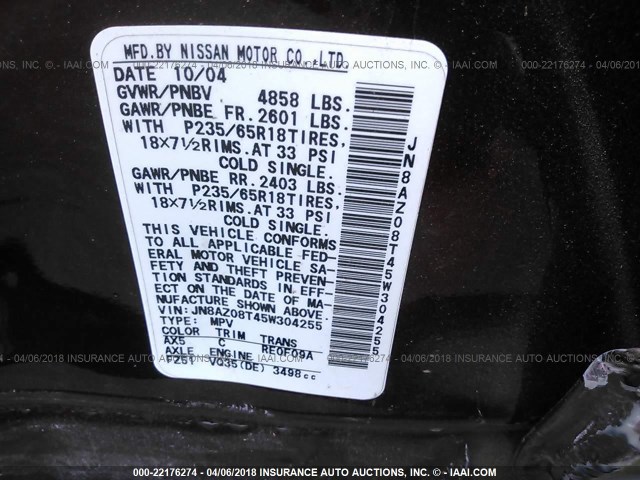 JN8AZ08T45W304255 - 2005 NISSAN MURANO SL/SE/S MAROON photo 9