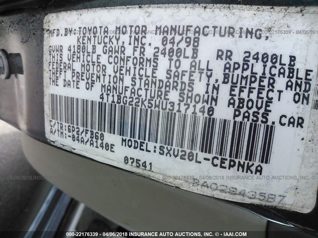 4T1BG22K5WU317140 - 1998 TOYOTA CAMRY CE/LE/XLE 青绿色 照片 9