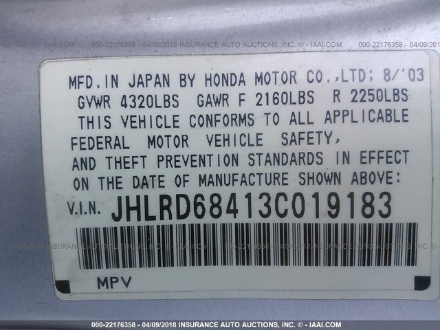 JHLRD68413C019183 - 2003 HONDA CR-V LX SILVER photo 9