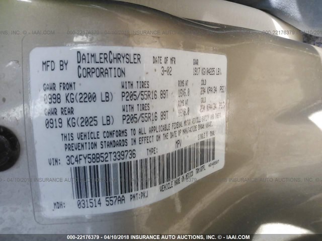 3C4FY58B52T339736 - 2002 CHRYSLER PT CRUISER TOURING Champagne photo 9