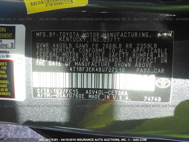 4T1BF3EK4BU727510 - 2011 TOYOTA CAMRY SE/LE/XLE GRAY photo 9
