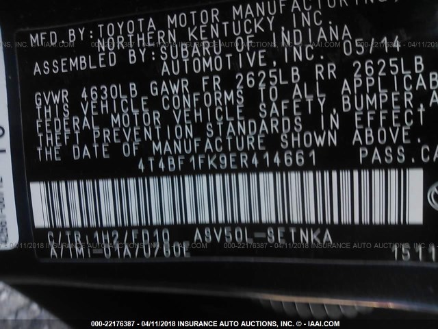 4T4BF1FK9ER414661 - 2014 TOYOTA CAMRY L/SE/LE/XLE ნაცრისფერი ფოტო 9