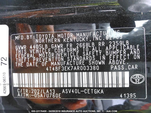 4T4BF3EK7AR003380 - 2010 TOYOTA CAMRY SE/LE/XLE BLACK photo 9
