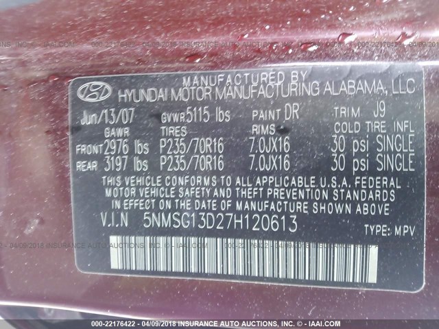 5NMSG13D27H120613 - 2007 HYUNDAI SANTA FE GLS MAROON photo 9