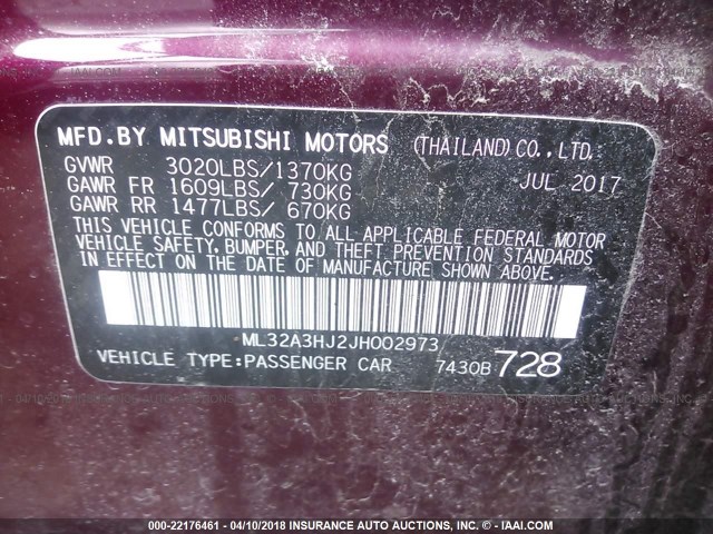 ML32A3HJ2JH002973 - 2018 MITSUBISHI MIRAGE ES BURGUNDY photo 9