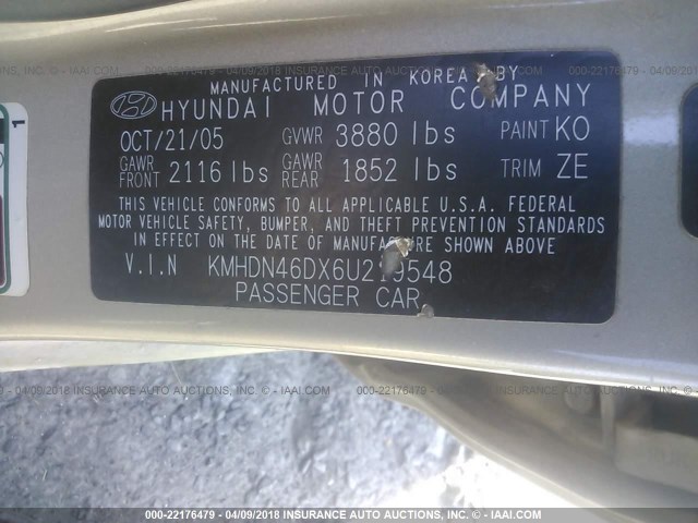 KMHDN46DX6U219548 - 2006 HYUNDAI ELANTRA GLS/GT/LIMITED GOLD photo 9