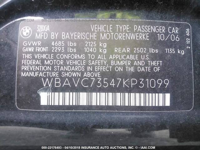 WBAVC73547KP31099 - 2007 BMW 328 XI SULEV BLACK photo 9