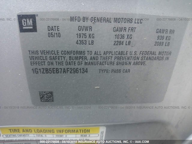 1G1ZB5EB7AF296134 - 2010 CHEVROLET MALIBU LS 银色 照片 9