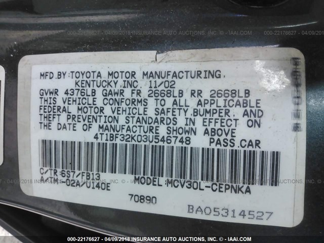 4T1BF32K03U546748 - 2003 TOYOTA CAMRY LE/XLE/SE 灰色 照片 9