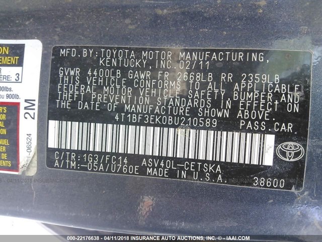 4T1BF3EK0BU210589 - 2011 TOYOTA CAMRY SE/LE/XLE GRAY photo 9