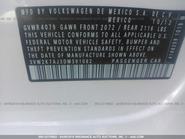 3VW2K7AJ3DM391082 - 2013 VOLKSWAGEN JETTA S 白色 照片 9