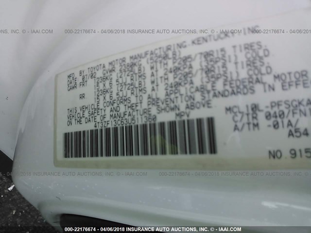 4T3ZF13C63U511360 - 2003 TOYOTA SIENNA LE/XLE WHITE photo 9