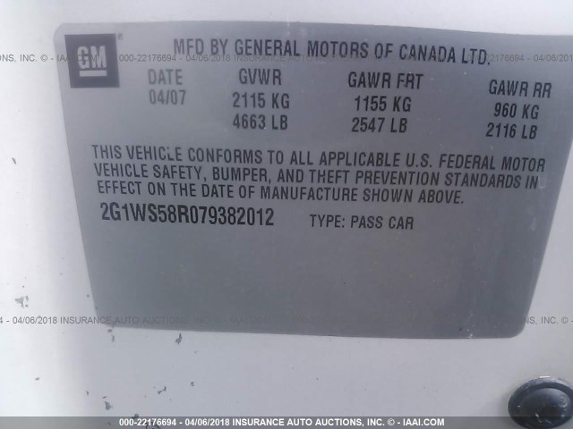 2G1WS58R079382012 - 2007 CHEVROLET IMPALA POLICE WHITE photo 9