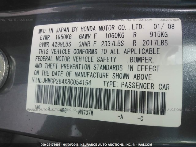 JHMCP264X8C054154 - 2008 HONDA ACCORD LXP GRAY photo 9