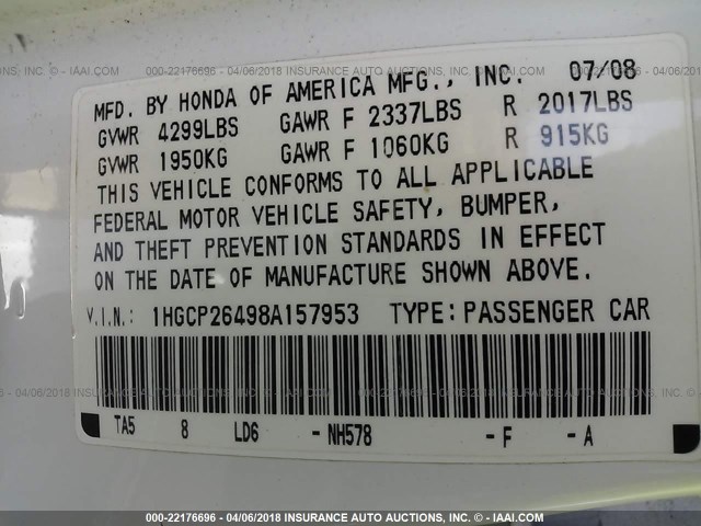 1HGCP26498A157953 - 2008 HONDA ACCORD LXP WHITE photo 9