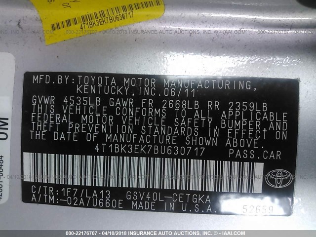 4T1BK3EK7BU630717 - 2011 TOYOTA CAMRY SE/LE/XLE Күміс фото 9