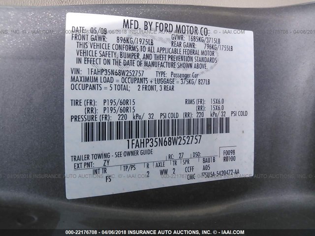 1FAHP35N68W252757 - 2008 FORD FOCUS SE/SEL/SES GRAY photo 9