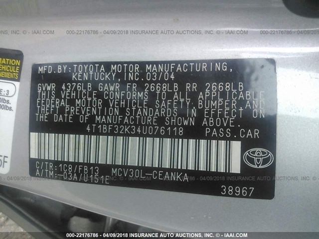 4T1BF32K34U076118 - 2004 TOYOTA CAMRY LE/XLE/SE 银色 照片 9