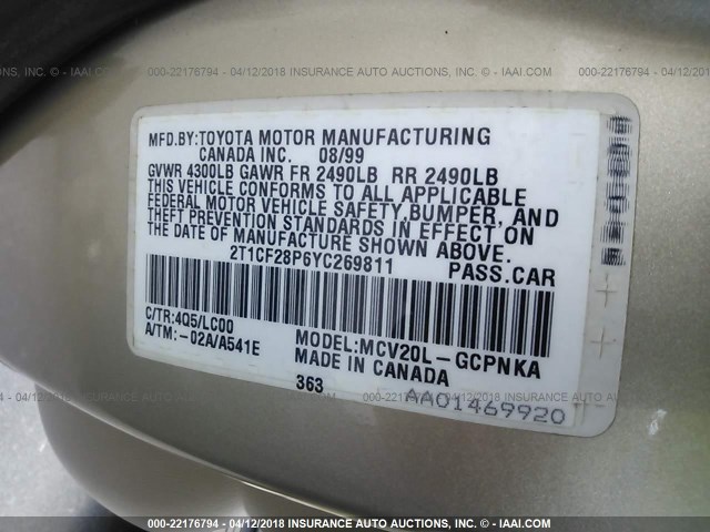 2T1CF28P6YC269811 - 2000 TOYOTA CAMRY SOLARA SE/SLE ოქროსფერი ფოტო 9