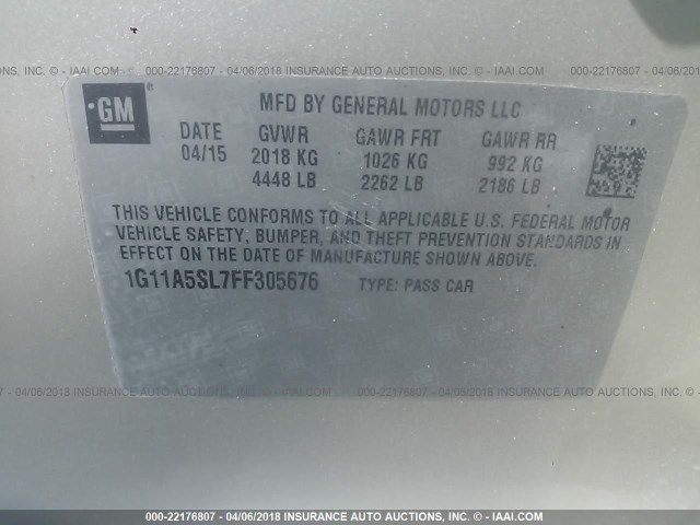 1G11A5SL7FF305676 - 2015 CHEVROLET MALIBU LS 金色 照片 9