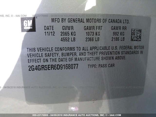 2G4GR5ER6D9168077 - 2013 BUICK REGAL SILVER photo 9