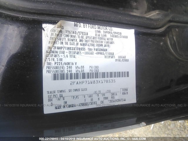 2FAHP71W83X178535 - 2003 FORD CROWN VICTORIA POLICE INTERCEPTOR BLACK photo 9