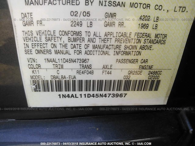 1N4AL11D45N473967 - 2005 NISSAN ALTIMA S/SL GRAY photo 9