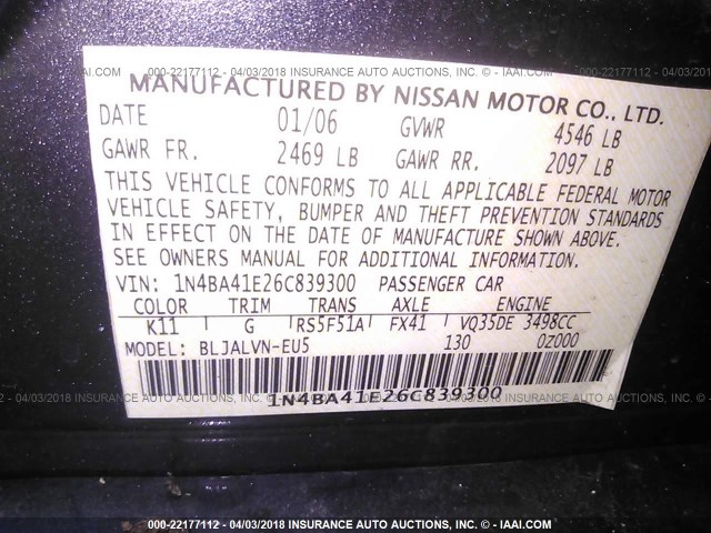 1N4BA41E26C839300 - 2006 NISSAN MAXIMA SE/SL GRAY photo 9