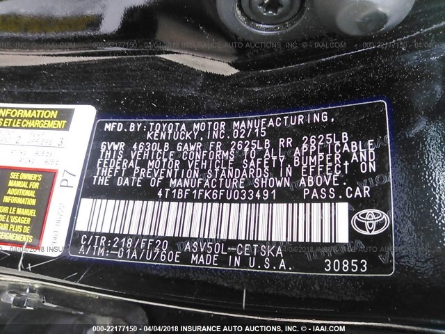 4T1BF1FK6FU033491 - 2015 TOYOTA CAMRY LE/XLE/SE/XSE BLACK photo 9