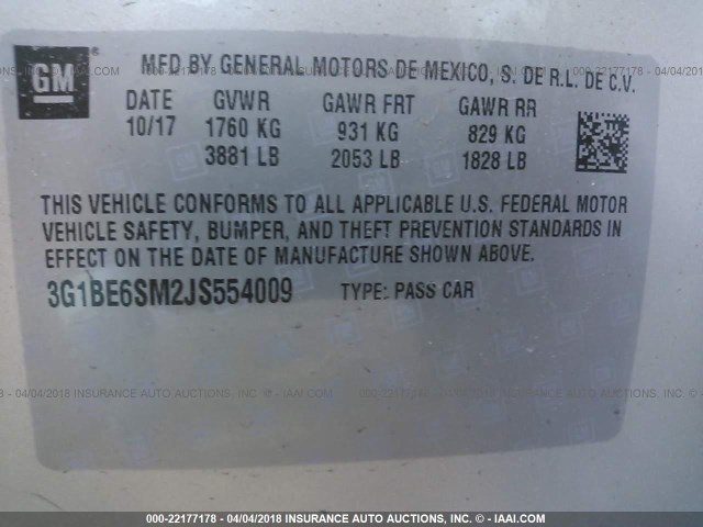 3G1BE6SM2JS554009 - 2018 CHEVROLET CRUZE LT SILVER photo 9