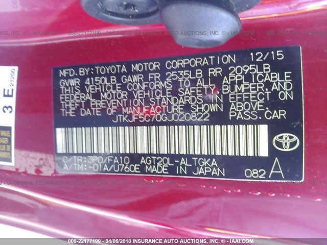 JTKJF5C70GJ020822 - 2016 TOYOTA SCION TC 红色 照片 9