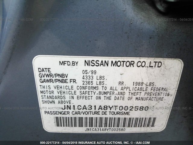 JN1CA31A8YT002580 - 2000 NISSAN MAXIMA GLE/GXE/SE BLUE photo 9