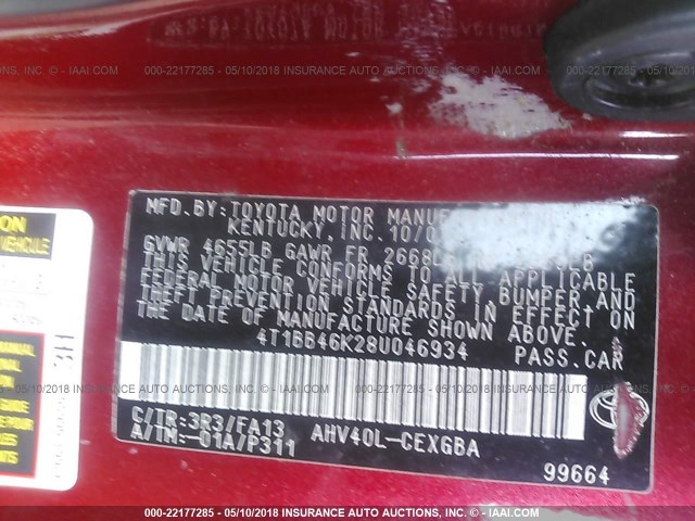 4T1BB46K28U046934 - 2008 TOYOTA CAMRY HYBRID RED photo 9