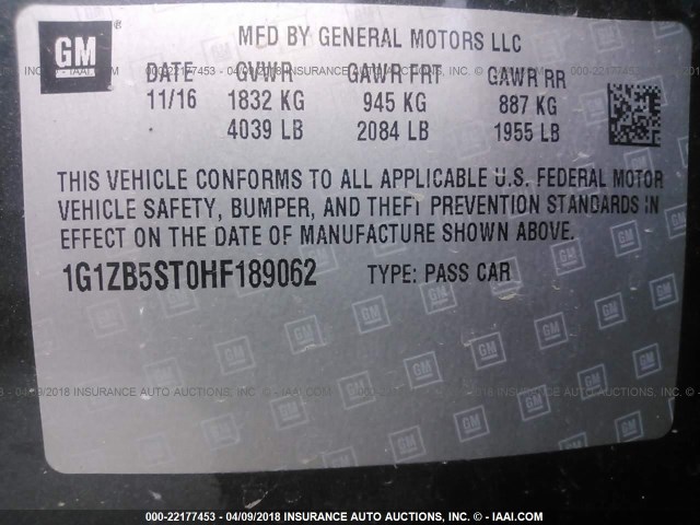 1G1ZB5ST0HF189062 - 2017 CHEVROLET MALIBU LS ნაცრისფერი ფოტო 9