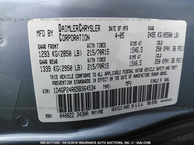 1D4GP24R65B364534 - 2005 DODGE GRAND CARAVAN SE BLUE photo 9