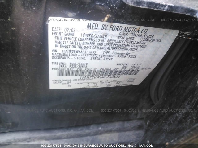 1FAHP28W68G133633 - 2008 FORD TAURUS LIMITED BLACK photo 9