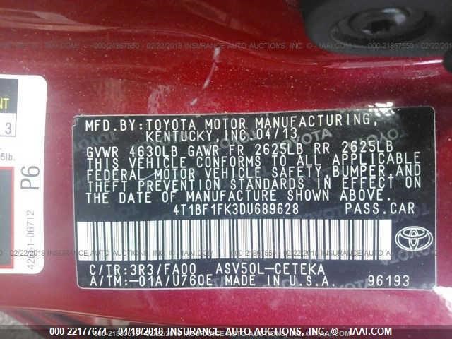 4T1BF1FK3DU689628 - 2013 TOYOTA CAMRY L/SE/LE/XLE 红色 照片 9