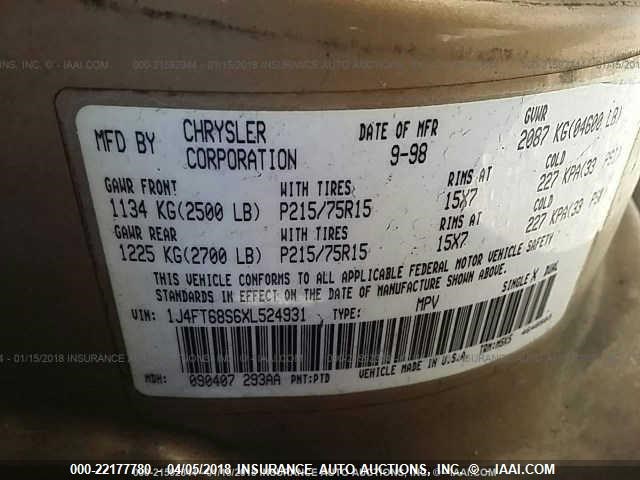 1J4FT68S6XL524931 - 1999 JEEP CHEROKEE SPORT/CLASSIC ოქროსფერი ფოტო 9