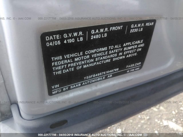 YS3FB49S751048766 - 2005 SAAB 9-3 LINEAR SILVER photo 9