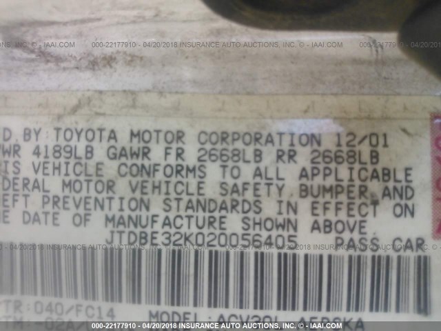 JTDBE32K020056405 - 2002 TOYOTA CAMRY LE/XLE/SE WHITE photo 9