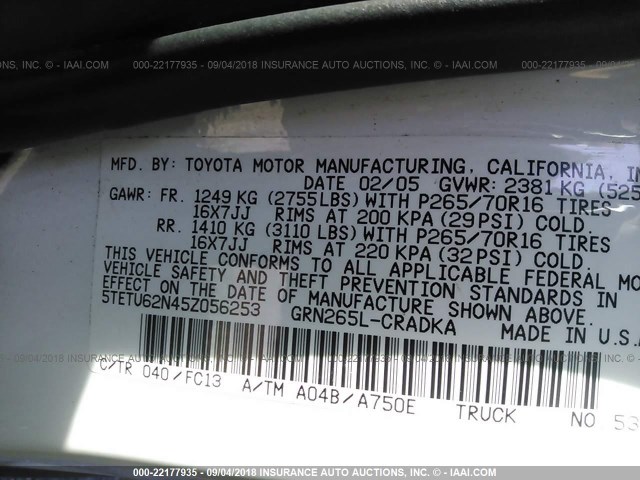 5TETU62N45Z056253 - 2005 TOYOTA TACOMA PRERUNNER ACCESS CAB WHITE photo 9