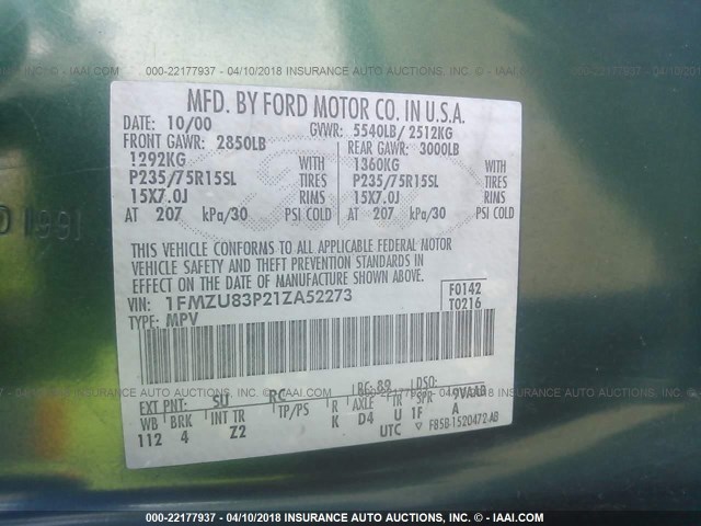 1FMZU83P21ZA52273 - 2001 FORD EXPLORER XLT GREEN photo 9