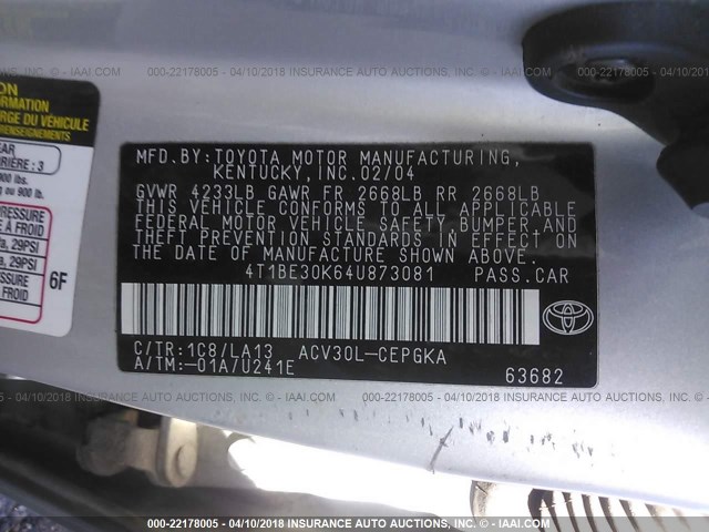 4T1BE30K64U873081 - 2004 TOYOTA CAMRY LE/XLE/SE 银色 照片 9