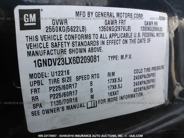 1GNDV23LX6D209081 - 2006 CHEVROLET UPLANDER LS BLUE photo 9
