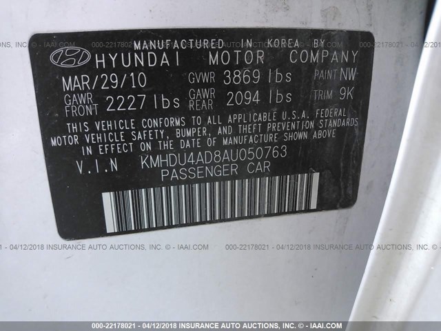 KMHDU4AD8AU050763 - 2010 HYUNDAI ELANTRA BLUE/GLS/SE WHITE photo 9