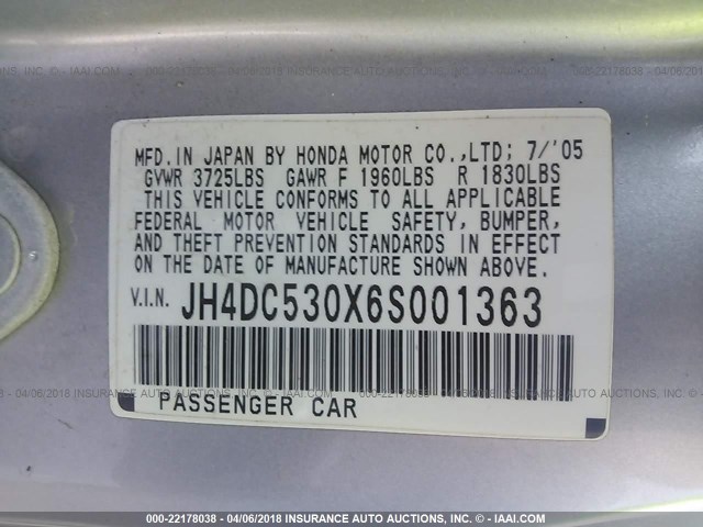 JH4DC530X6S001363 - 2006 ACURA RSX TYPE-S SILVER photo 9