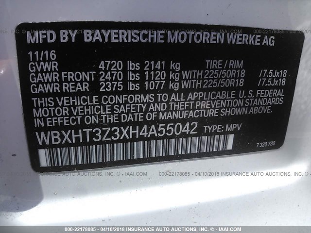 WBXHT3Z3XH4A55042 - 2017 BMW X1 XDRIVE28I WHITE photo 9