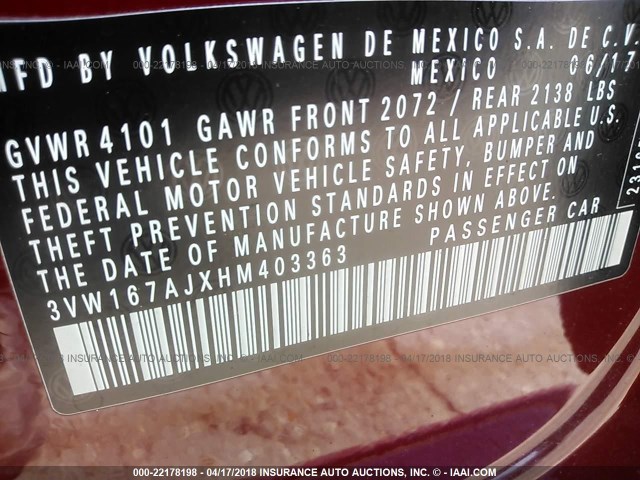 3VW167AJXHM403363 - 2017 VOLKSWAGEN JETTA S RED photo 9