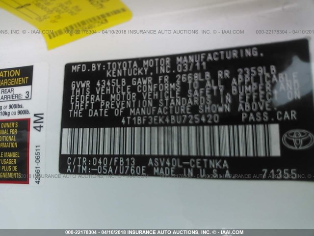 4T1BF3EK4BU725420 - 2011 TOYOTA CAMRY SE/LE/XLE WHITE photo 9